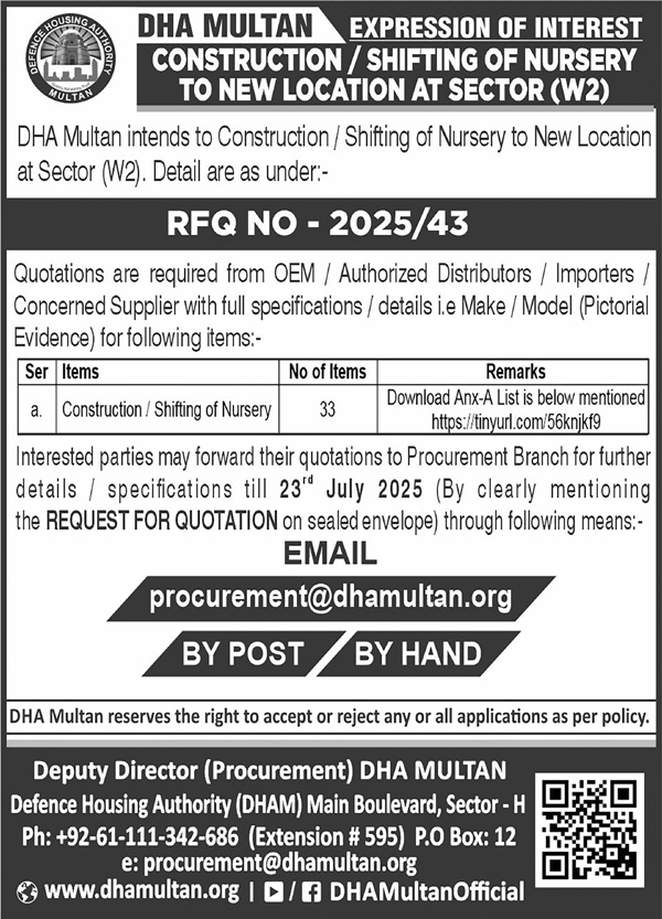 DHA Multan Tender Notice